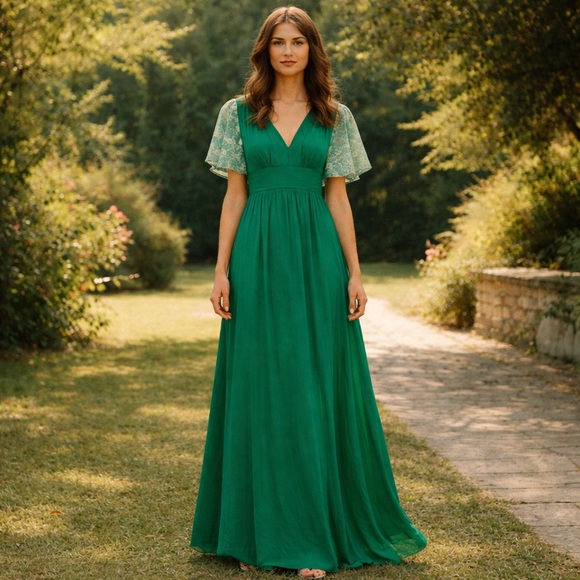 Vintage 1970s Emerald Green Empire Waist Maxi Dress Romantic Boho Small - Picture 3 of 10